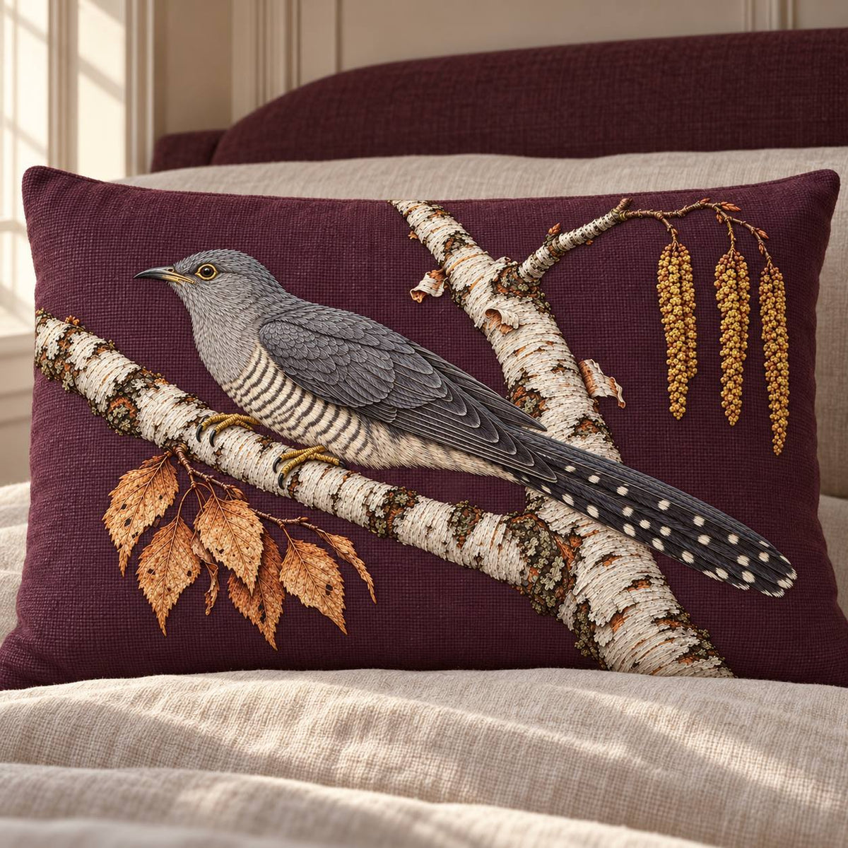 Cuckoo Beyond the Birch Fork visual mockup shown on a cushion beside a window, with the design on burgundy linen.