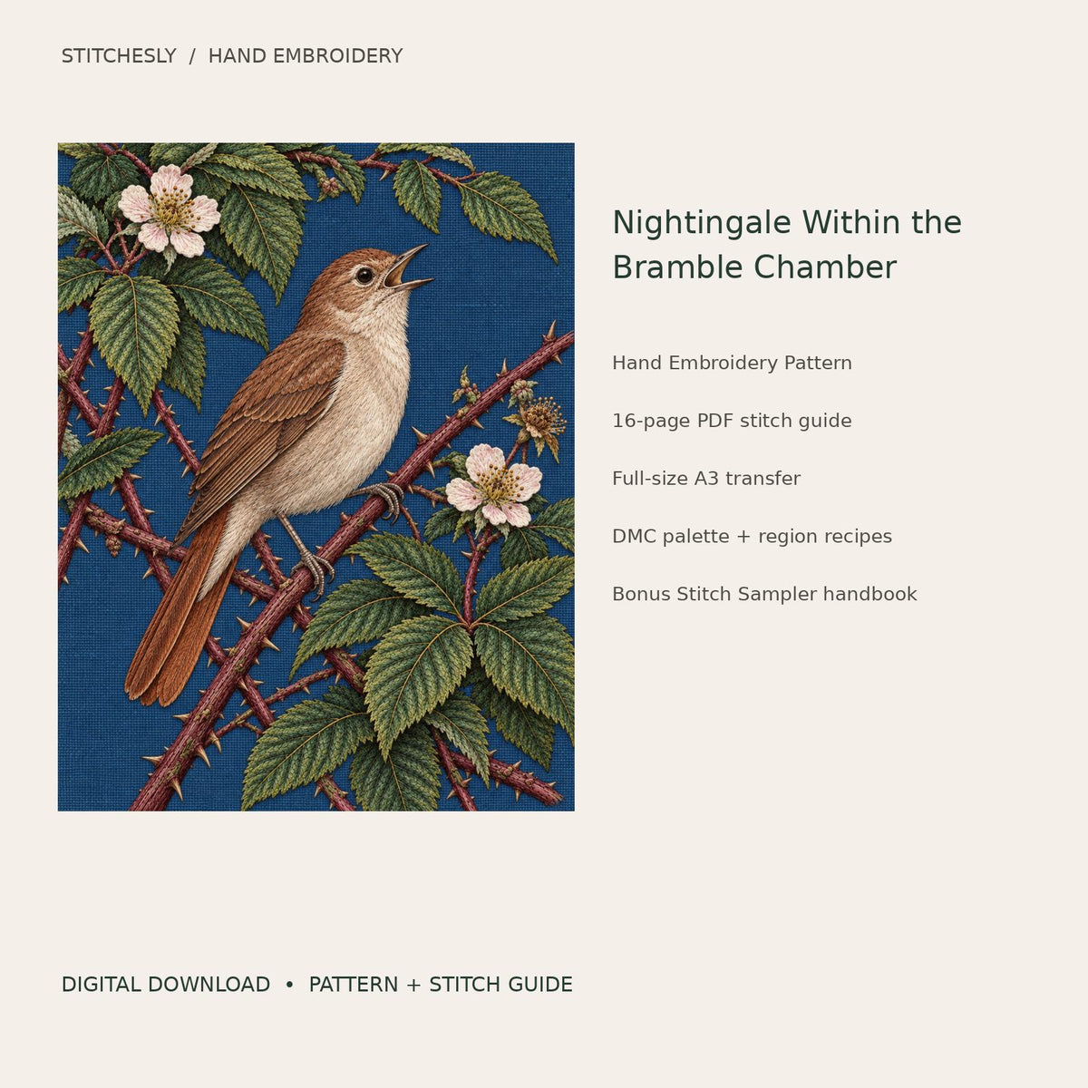 Nightingale Within the Bramble Chamber: digital hand embroidery pattern cover with artwork and included files