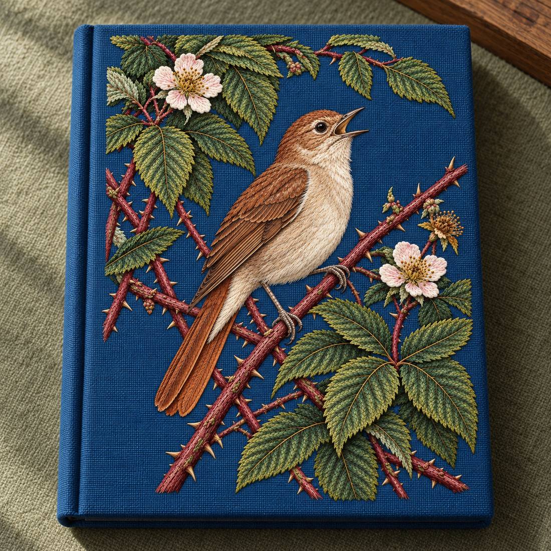 Nightingale Within the Bramble Chamber visual mockup shown on a cloth portfolio cover, with the design on deep ink-blue linen.