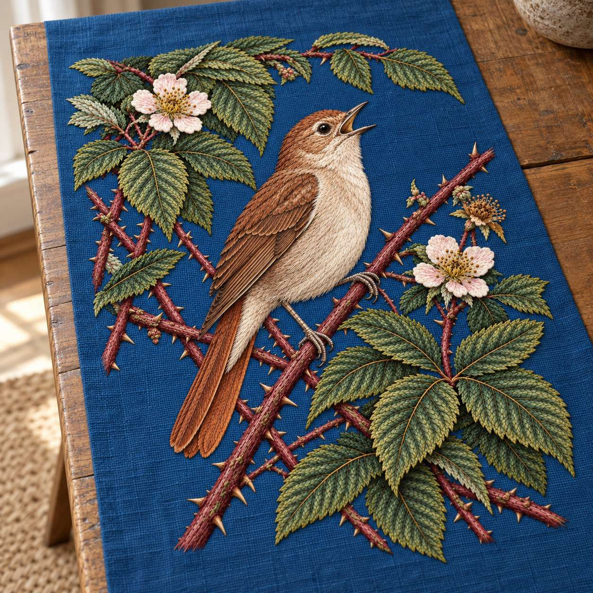 Nightingale Within the Bramble Chamber visual mockup shown on a textile runner over a console, with the design on deep ink-blue linen.