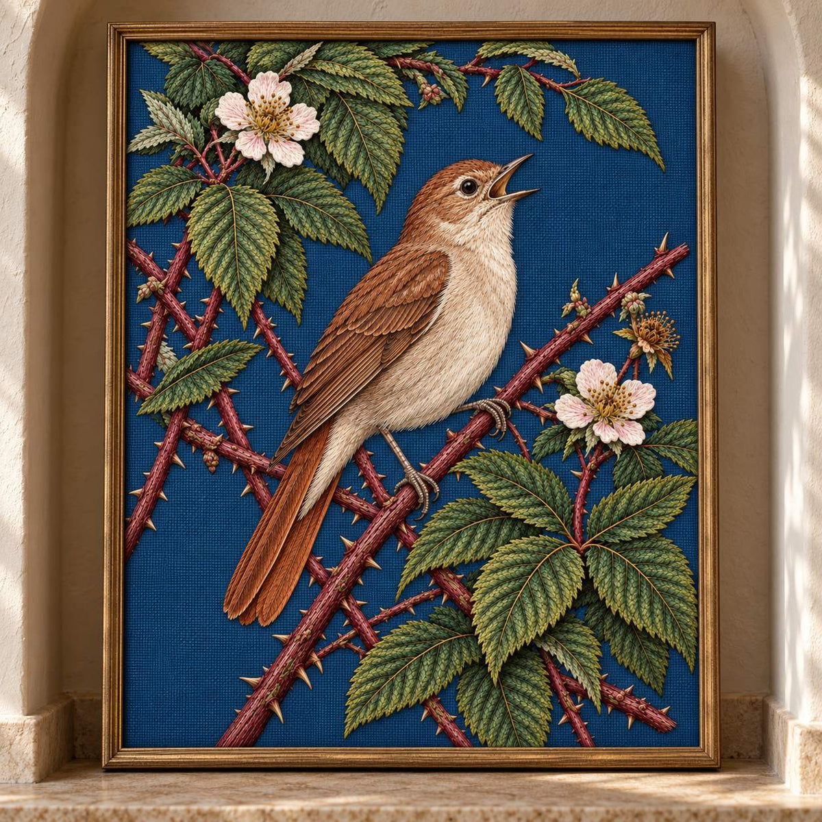 Nightingale Within the Bramble Chamber visual mockup shown as a framed textile in a gallery niche, with the design on deep ink-blue linen.