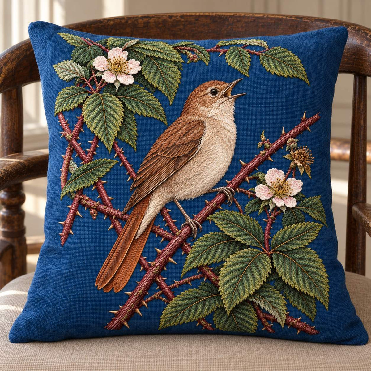Nightingale Within the Bramble Chamber visual mockup shown on a cushion in a lounge chair, with the design on deep ink-blue linen.