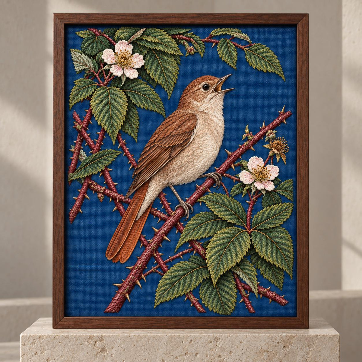 Nightingale Within the Bramble Chamber visual mockup shown in a frame leaning on a mantel, with the design on deep ink-blue linen.