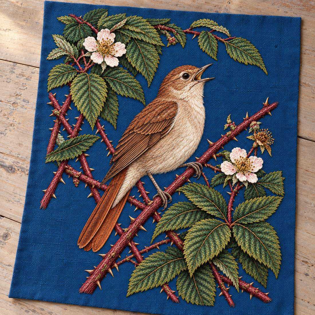 Nightingale Within the Bramble Chamber visual mockup shown as a textile panel on a stone platform, with the design on deep ink-blue linen.