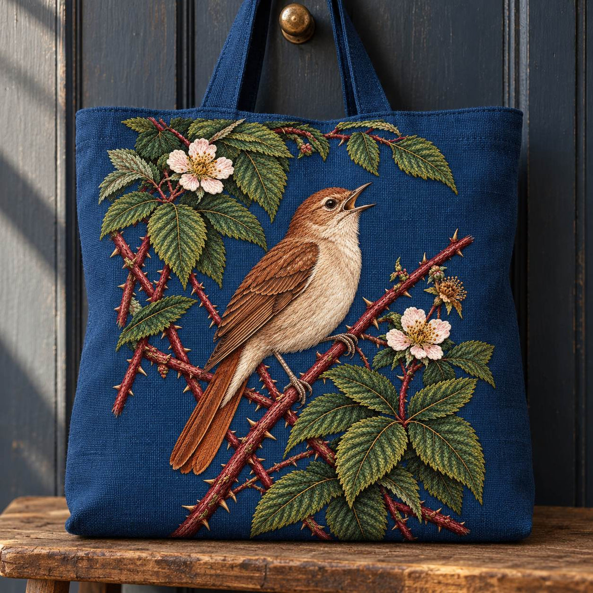 Nightingale Within the Bramble Chamber visual mockup shown on the front of a structured linen tote, with the design on deep ink-blue linen.