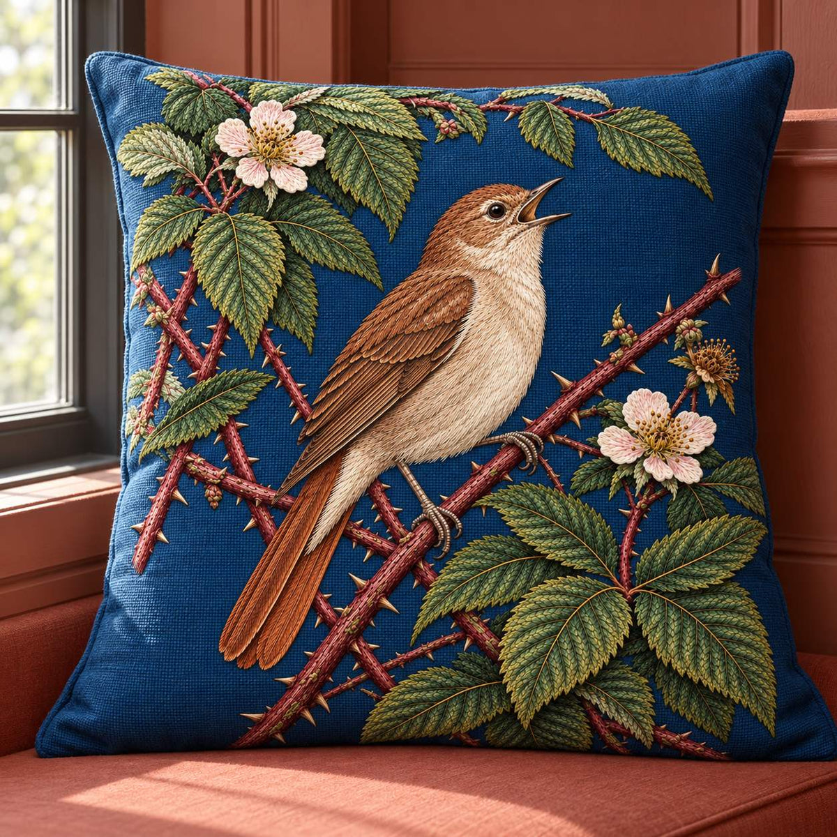 Nightingale Within the Bramble Chamber visual mockup shown on a cushion beside a window, with the design on deep ink-blue linen.