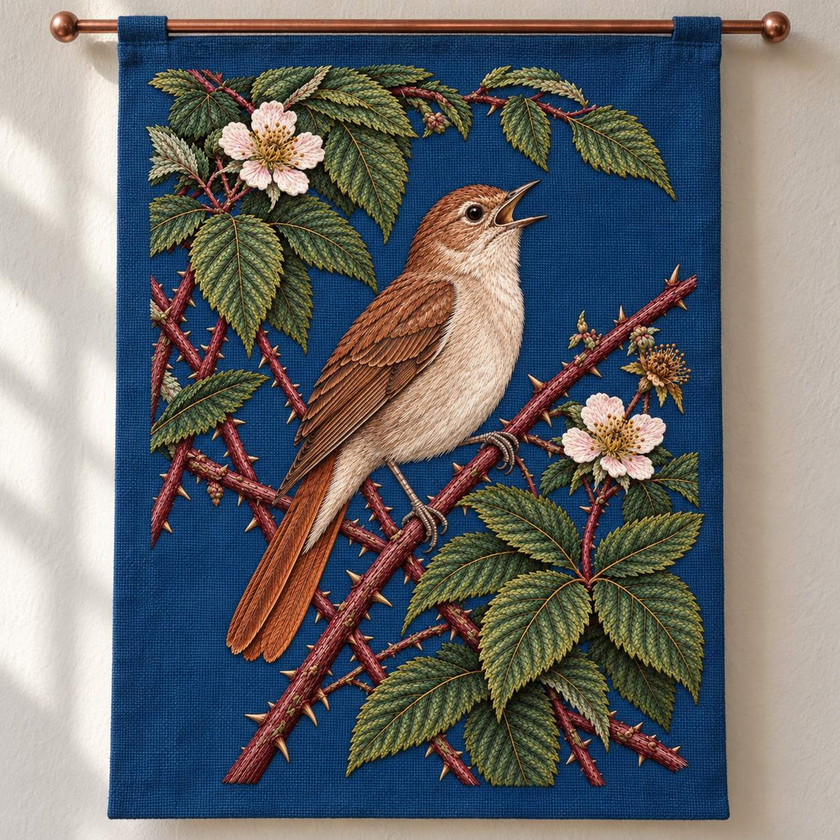 Nightingale Within the Bramble Chamber visual mockup shown as a hanging textile held by wooden rails, with the design on deep ink-blue linen.
