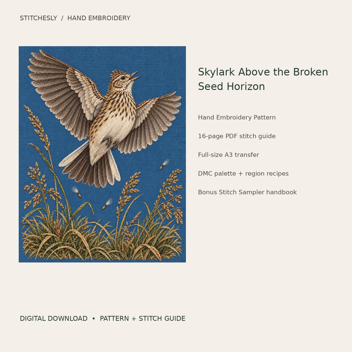 Skylark Above the Broken Seed Horizon: digital hand embroidery pattern cover with artwork and included files