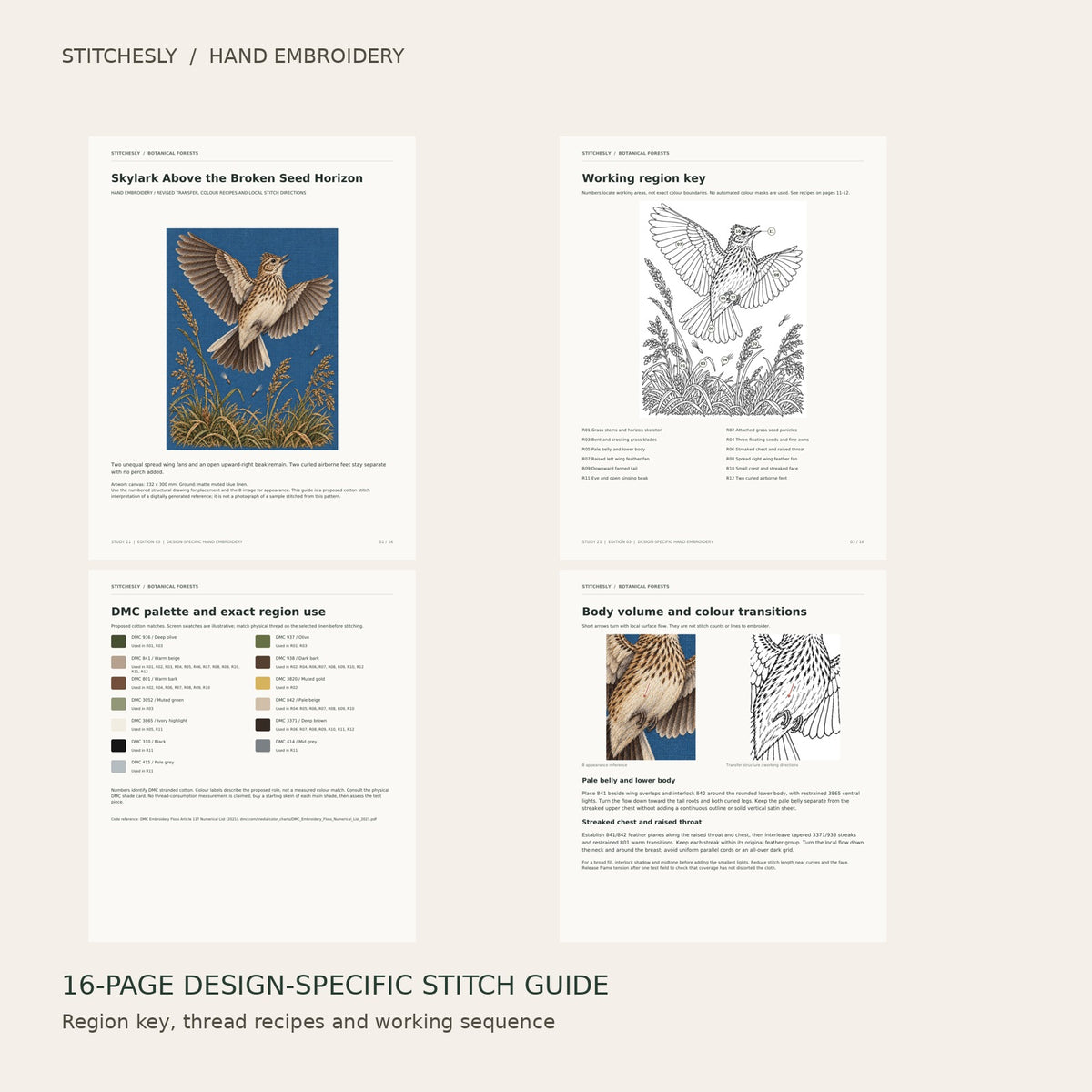 Skylark Above the Broken Seed Horizon: preview of the 16-page stitch guide, region key, DMC palette and stitching instructions