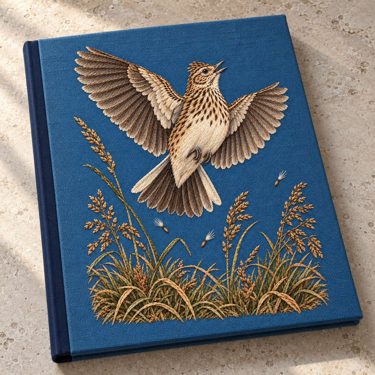 Skylark Above the Broken Seed Horizon visual mockup shown on a cloth portfolio cover, with the design on muted blue linen.