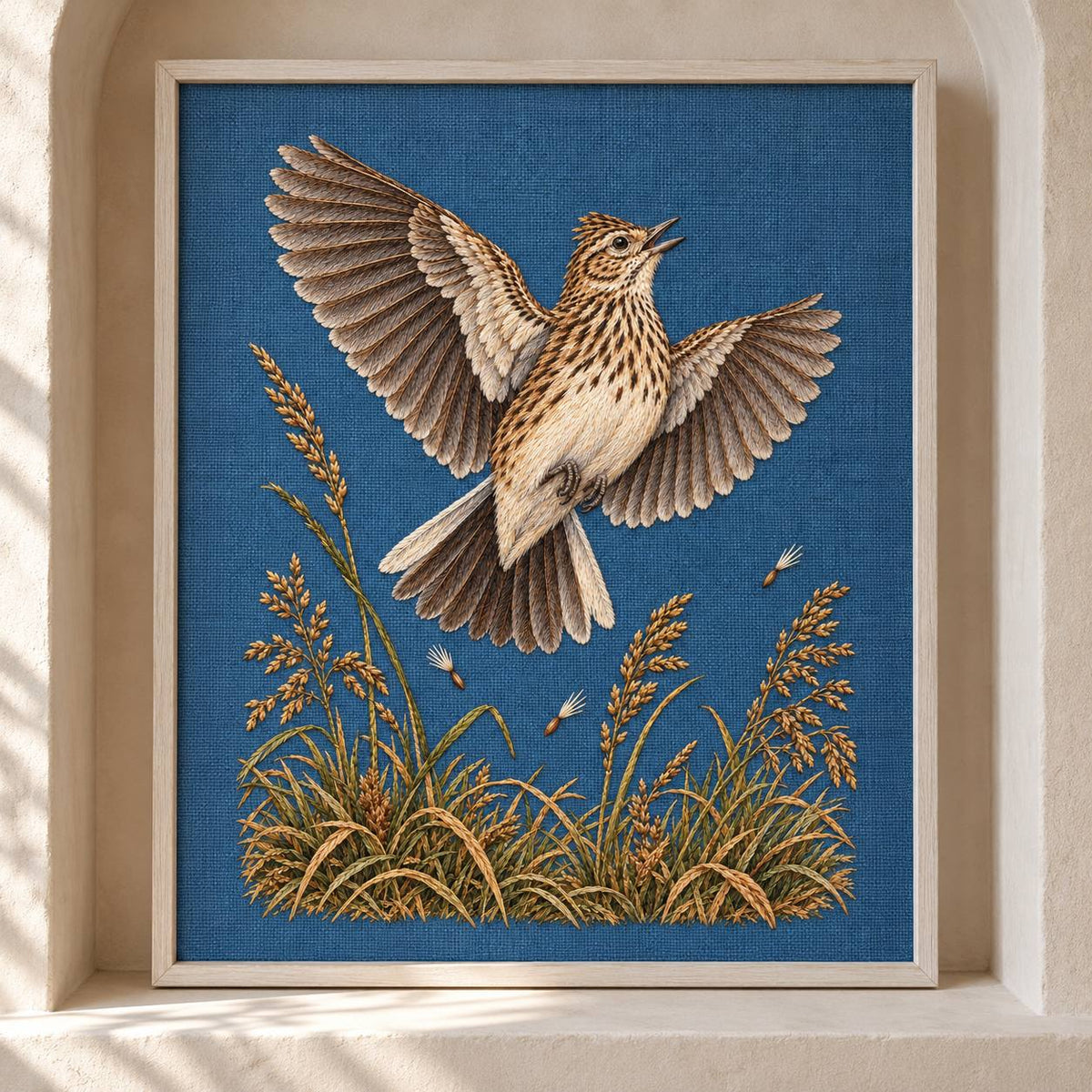Skylark Above the Broken Seed Horizon visual mockup shown as a framed textile in a gallery niche, with the design on muted blue linen.
