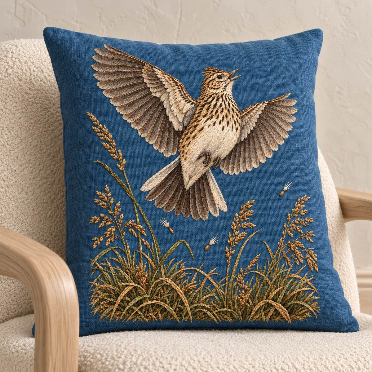 Skylark Above the Broken Seed Horizon visual mockup shown on a cushion in a lounge chair, with the design on muted blue linen.