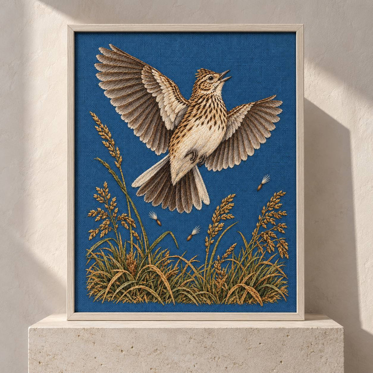Skylark Above the Broken Seed Horizon visual mockup shown in a frame leaning on a mantel, with the design on muted blue linen.