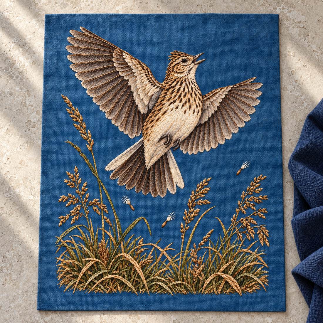 Skylark Above the Broken Seed Horizon visual mockup shown as a textile panel on a stone platform, with the design on muted blue linen.