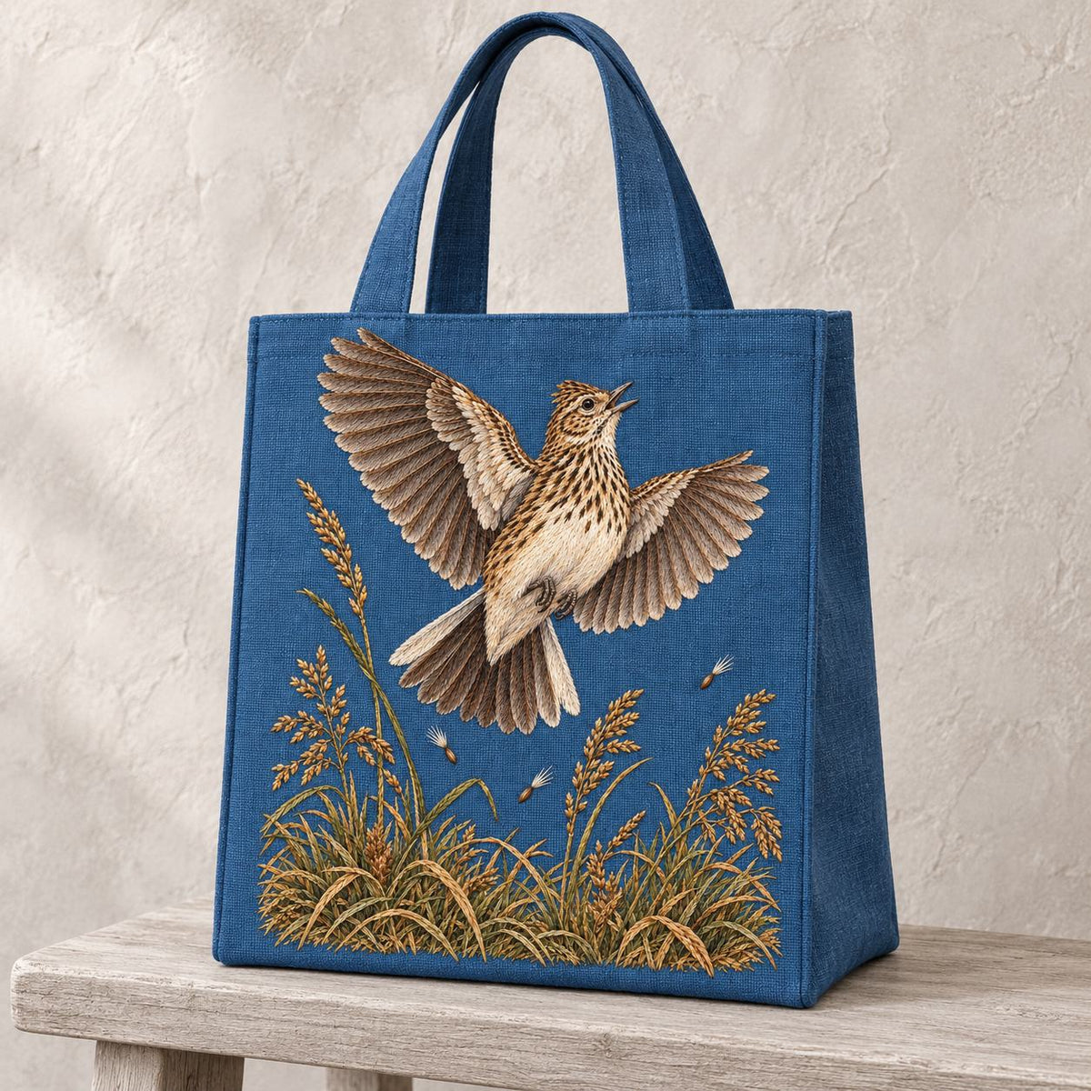 Skylark Above the Broken Seed Horizon visual mockup shown on the front of a structured linen tote, with the design on muted blue linen.