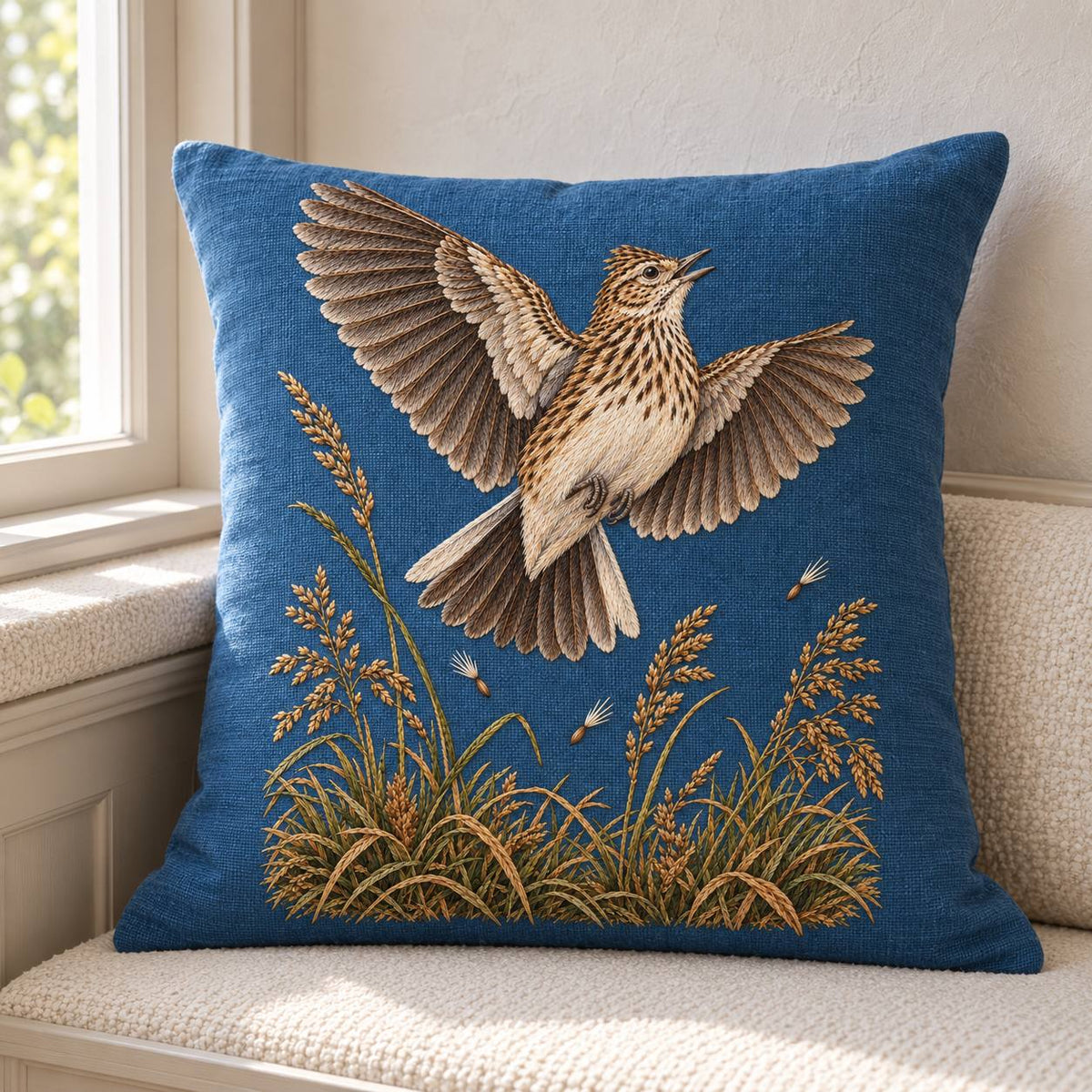 Skylark Above the Broken Seed Horizon visual mockup shown on a cushion beside a window, with the design on muted blue linen.