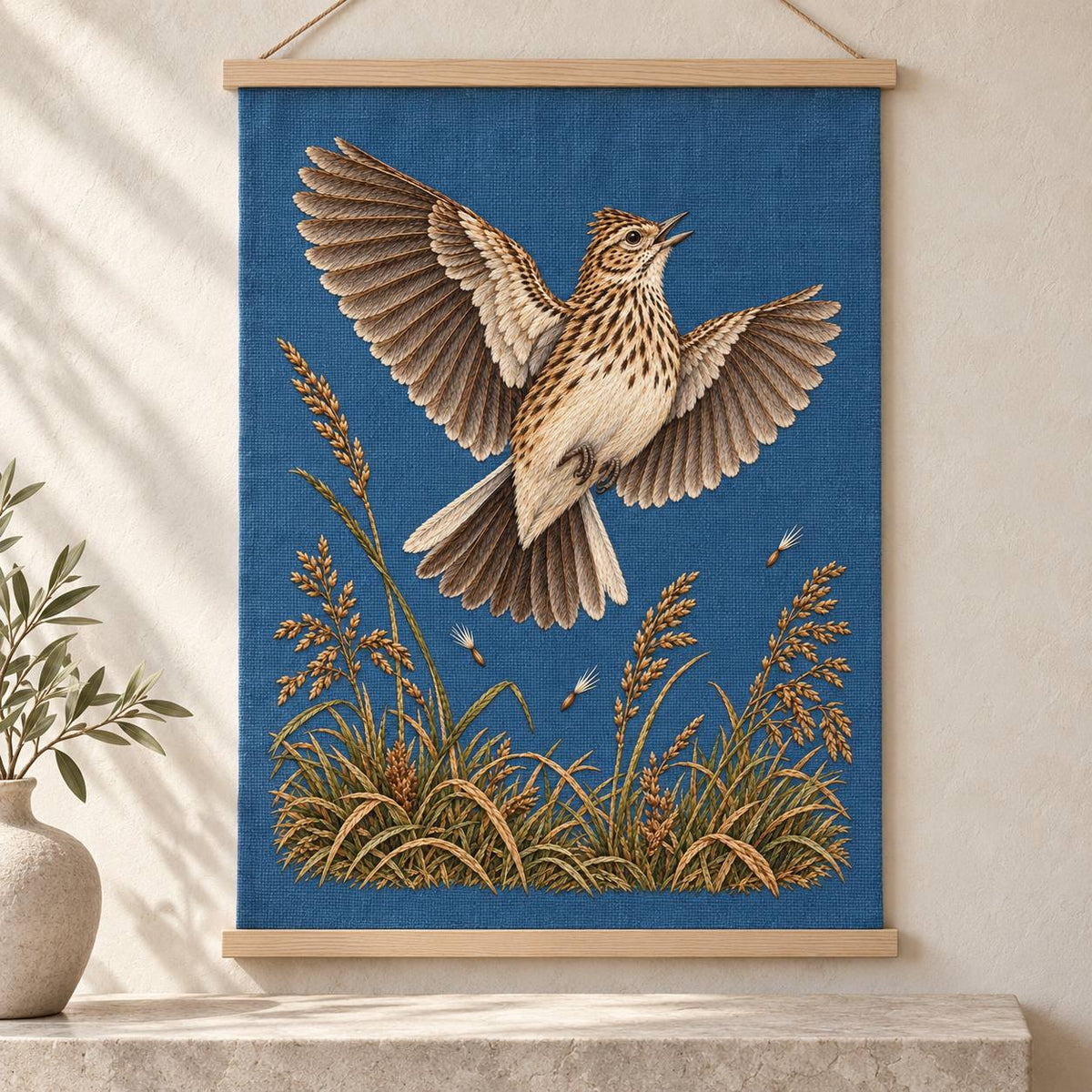 Skylark Above the Broken Seed Horizon visual mockup shown as a hanging textile held by wooden rails, with the design on muted blue linen.