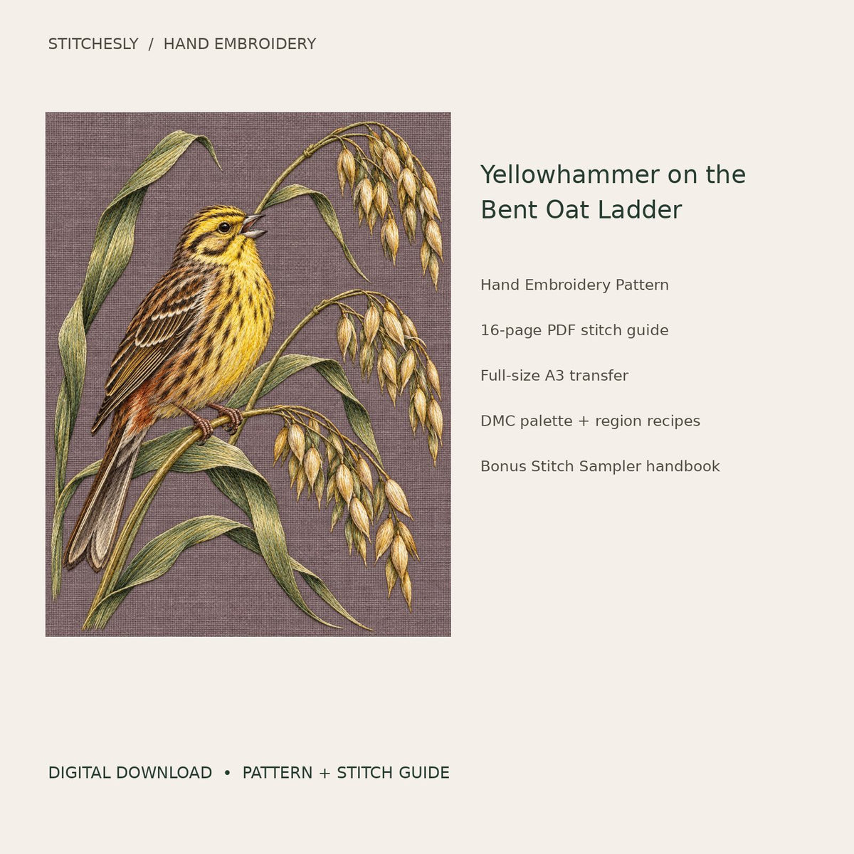 Yellowhammer on the Bent Oat Ladder: digital hand embroidery pattern cover with artwork and included files