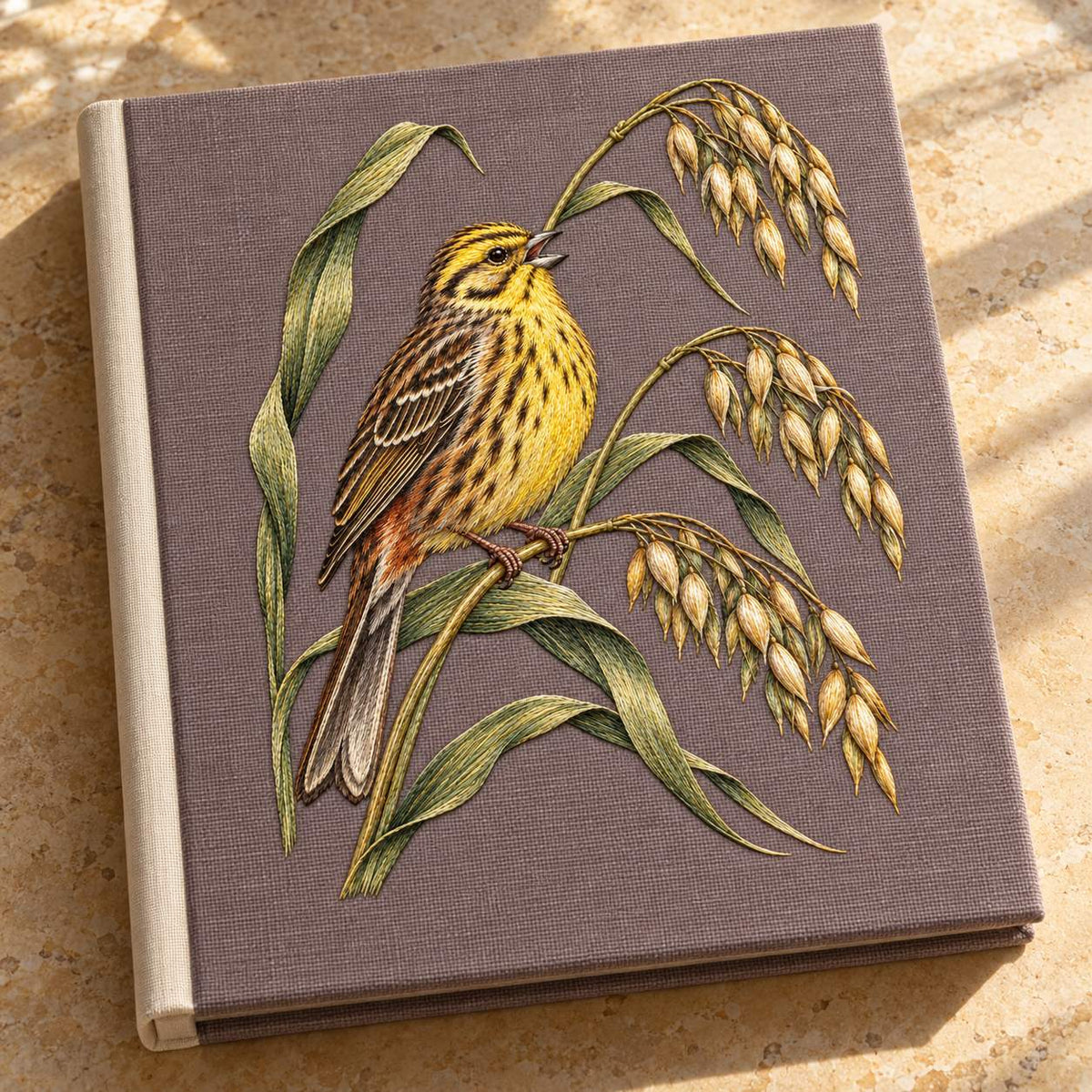 Yellowhammer on the Bent Oat Ladder visual mockup shown on a cloth portfolio cover, with the design on muted mushroom linen.