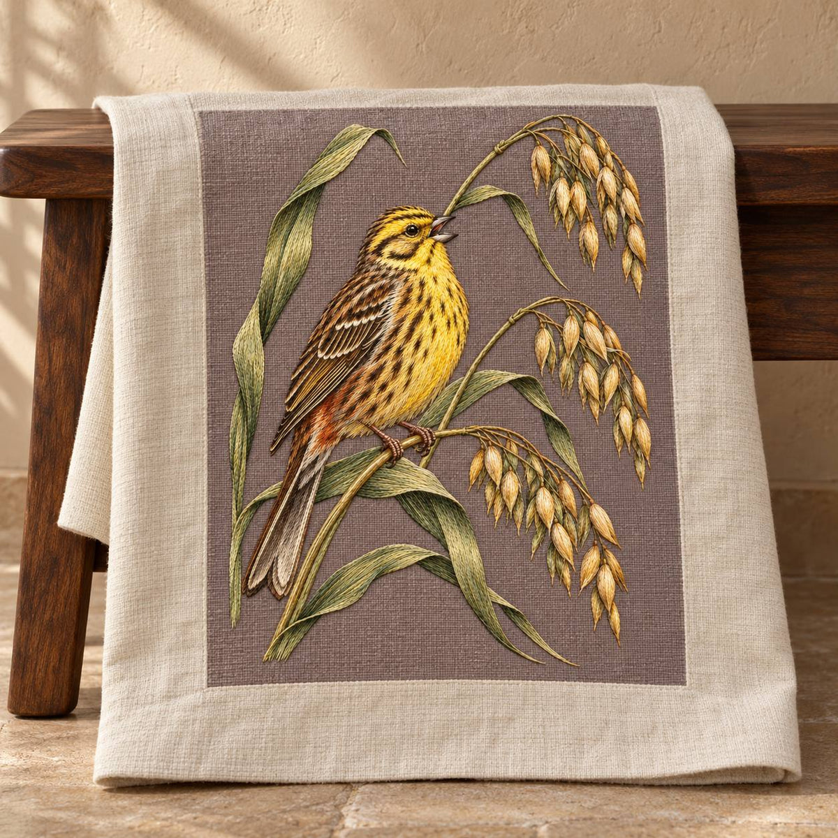 Yellowhammer on the Bent Oat Ladder visual mockup shown on a textile runner over a console, with the design on muted mushroom linen.