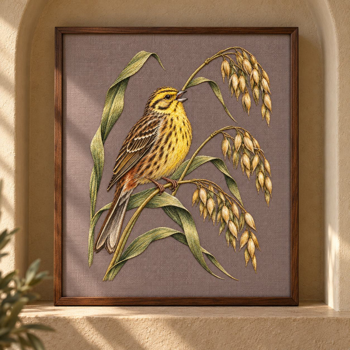 Yellowhammer on the Bent Oat Ladder visual mockup shown as a framed textile in a gallery niche, with the design on muted mushroom linen.