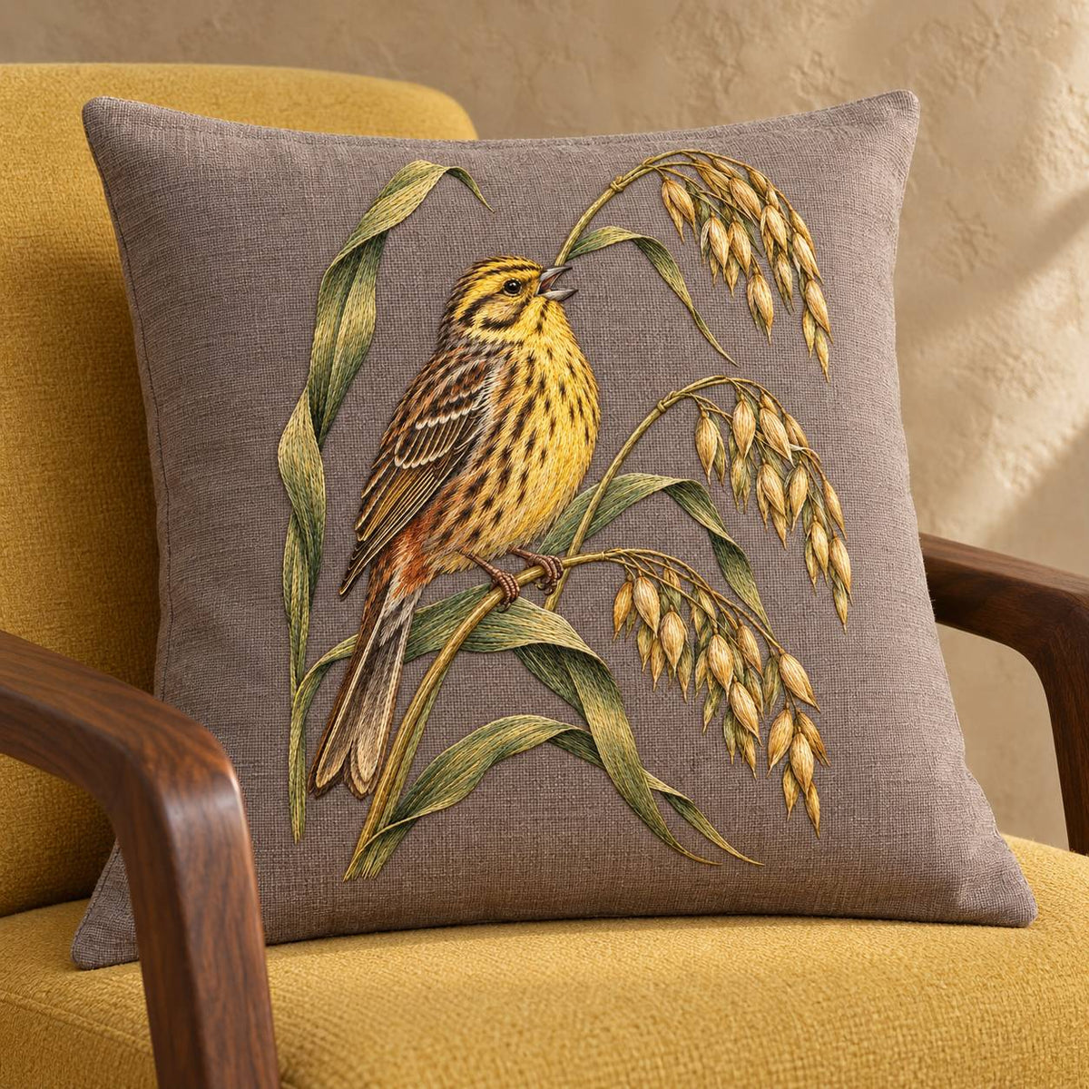 Yellowhammer on the Bent Oat Ladder visual mockup shown on a cushion in a lounge chair, with the design on muted mushroom linen.