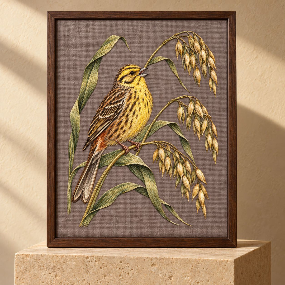 Yellowhammer on the Bent Oat Ladder visual mockup shown in a frame leaning on a mantel, with the design on muted mushroom linen.