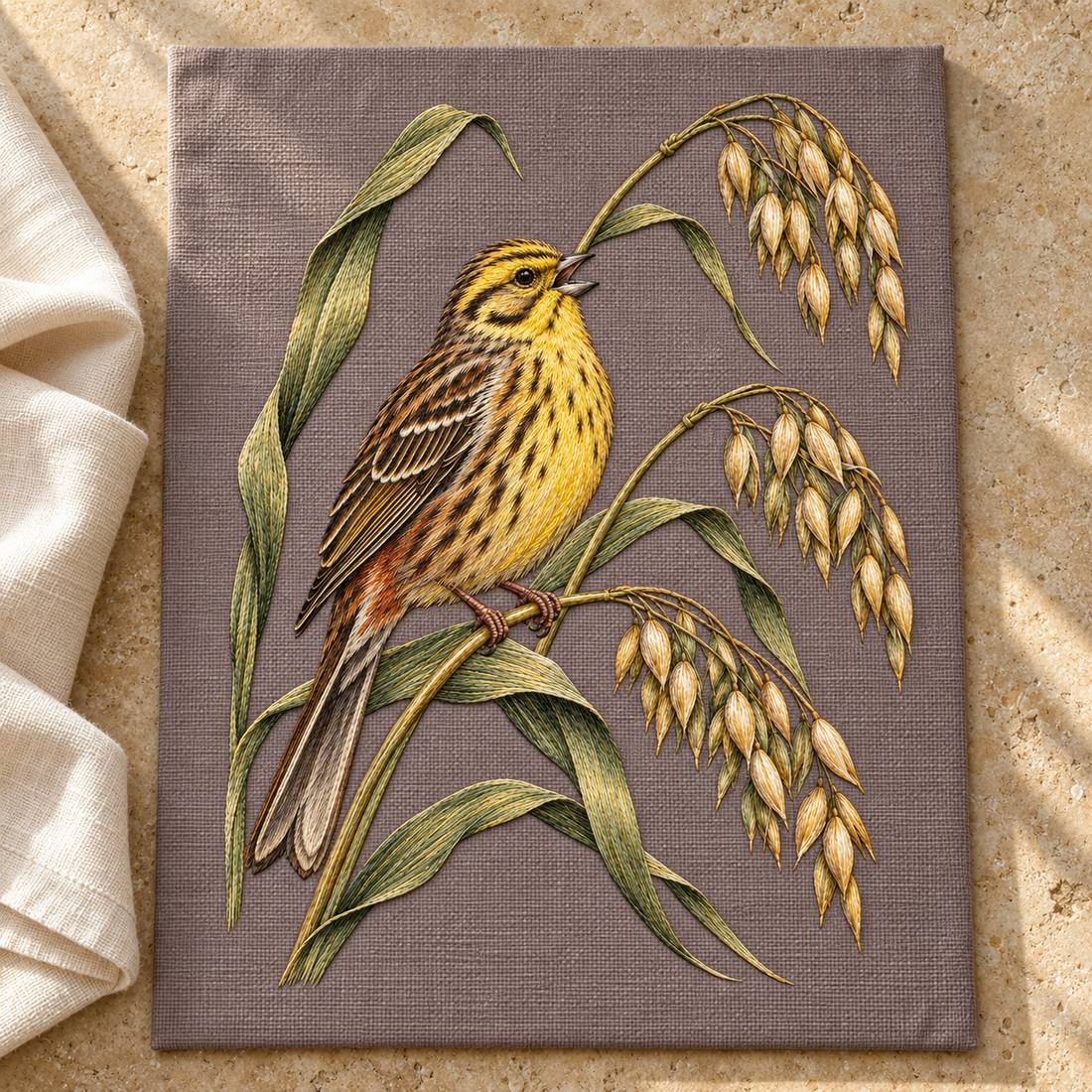Yellowhammer on the Bent Oat Ladder visual mockup shown as a textile panel on a stone platform, with the design on muted mushroom linen.