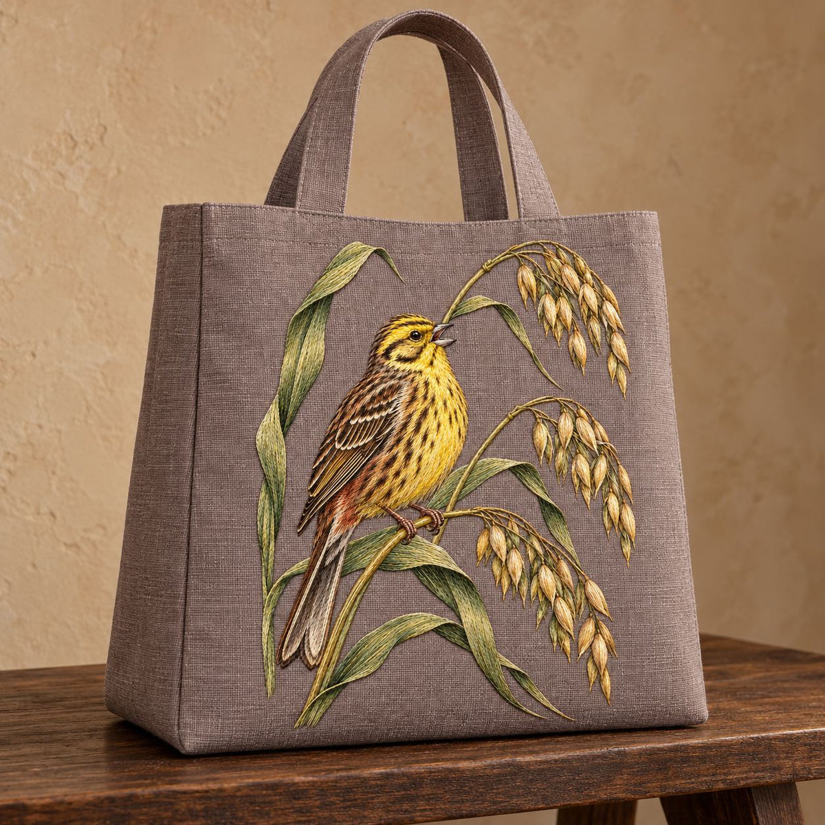 Yellowhammer on the Bent Oat Ladder visual mockup shown on the front of a structured linen tote, with the design on muted mushroom linen.