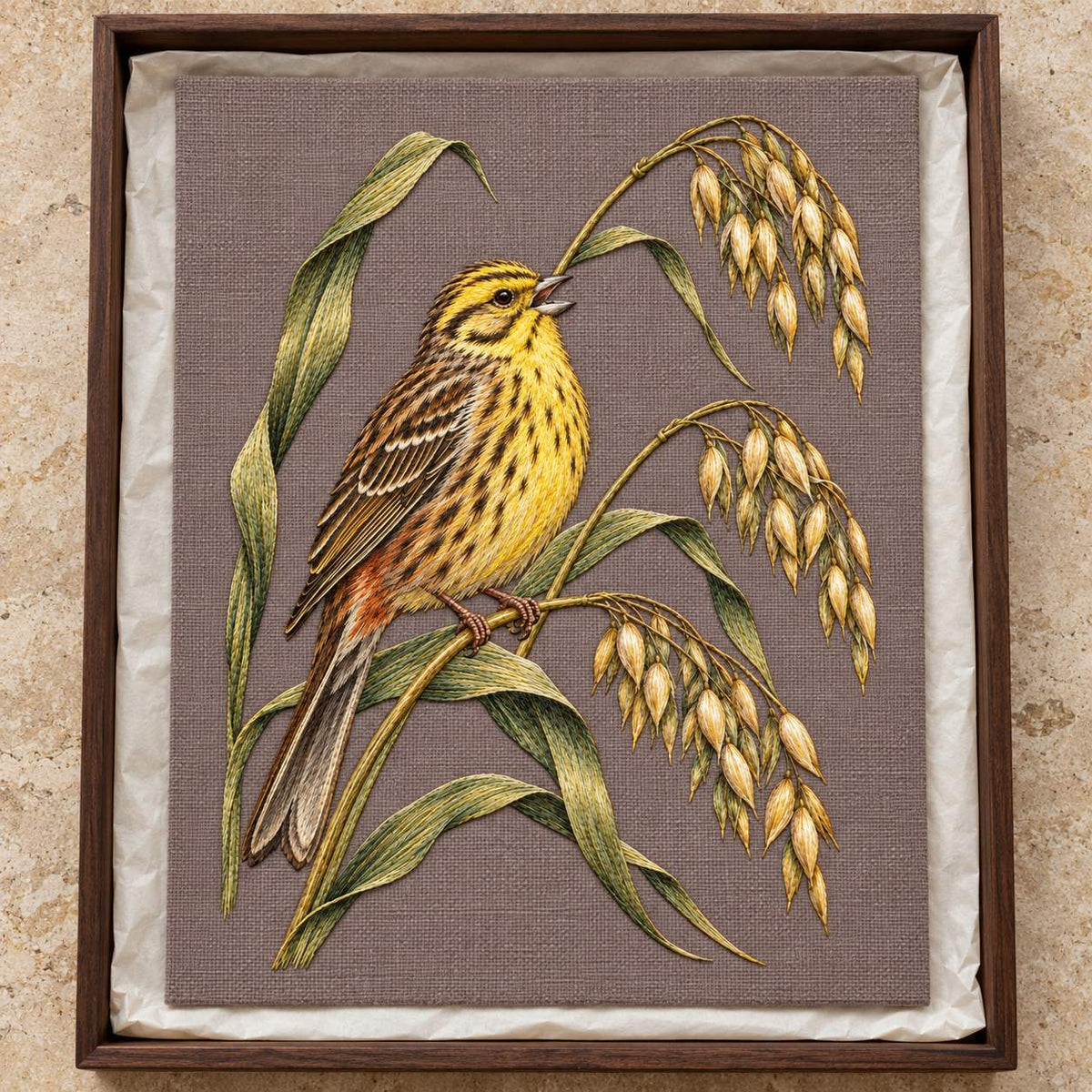 Yellowhammer on the Bent Oat Ladder visual mockup shown as a textile panel in a collection tray, with the design on muted mushroom linen.