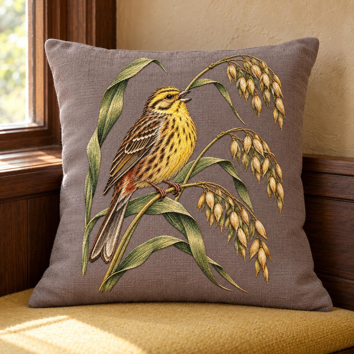 Yellowhammer on the Bent Oat Ladder visual mockup shown on a cushion beside a window, with the design on muted mushroom linen.