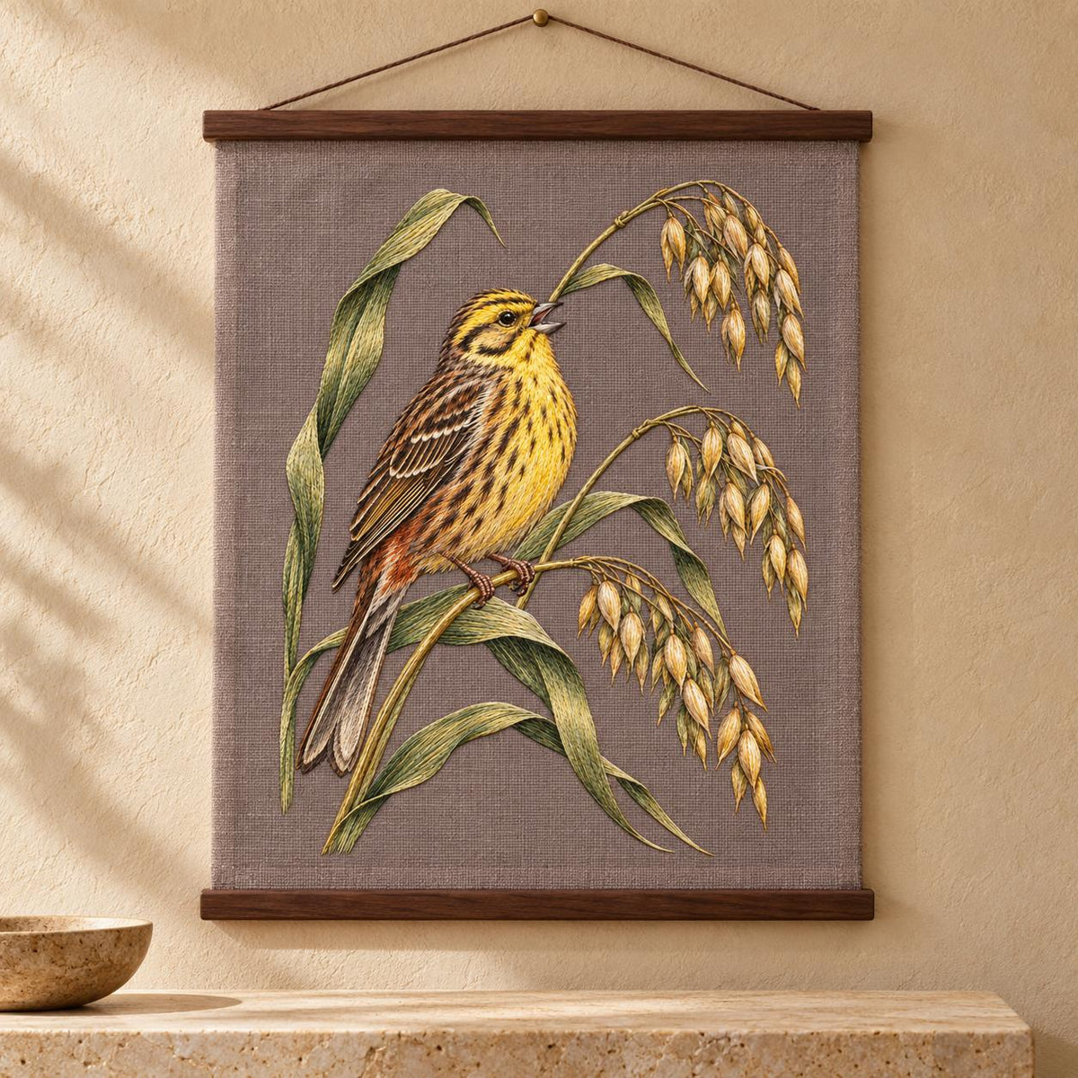Yellowhammer on the Bent Oat Ladder visual mockup shown as a hanging textile held by wooden rails, with the design on muted mushroom linen.