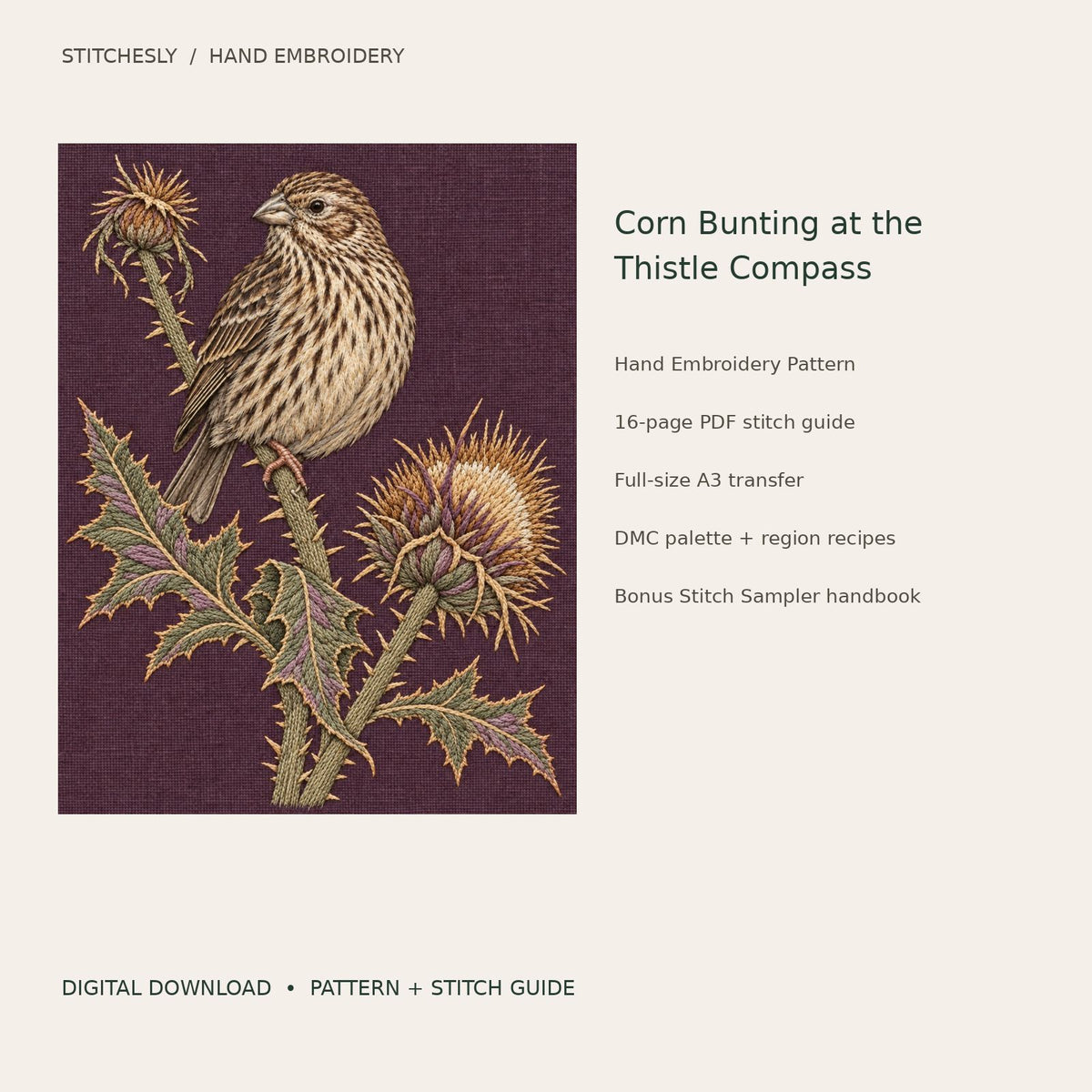 Corn Bunting at the Thistle Compass: digital hand embroidery pattern cover with artwork and included files