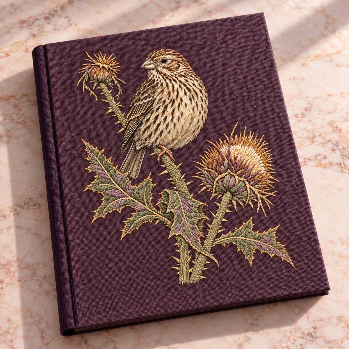 Corn Bunting at the Thistle Compass visual mockup shown on a cloth portfolio cover, with the design on muted plum linen.