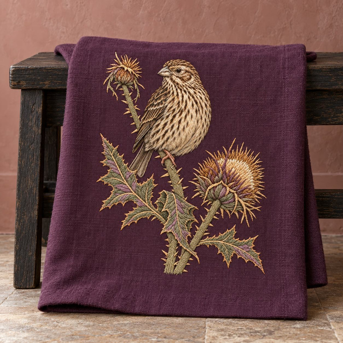 Corn Bunting at the Thistle Compass visual mockup shown on a textile runner over a console, with the design on muted plum linen.