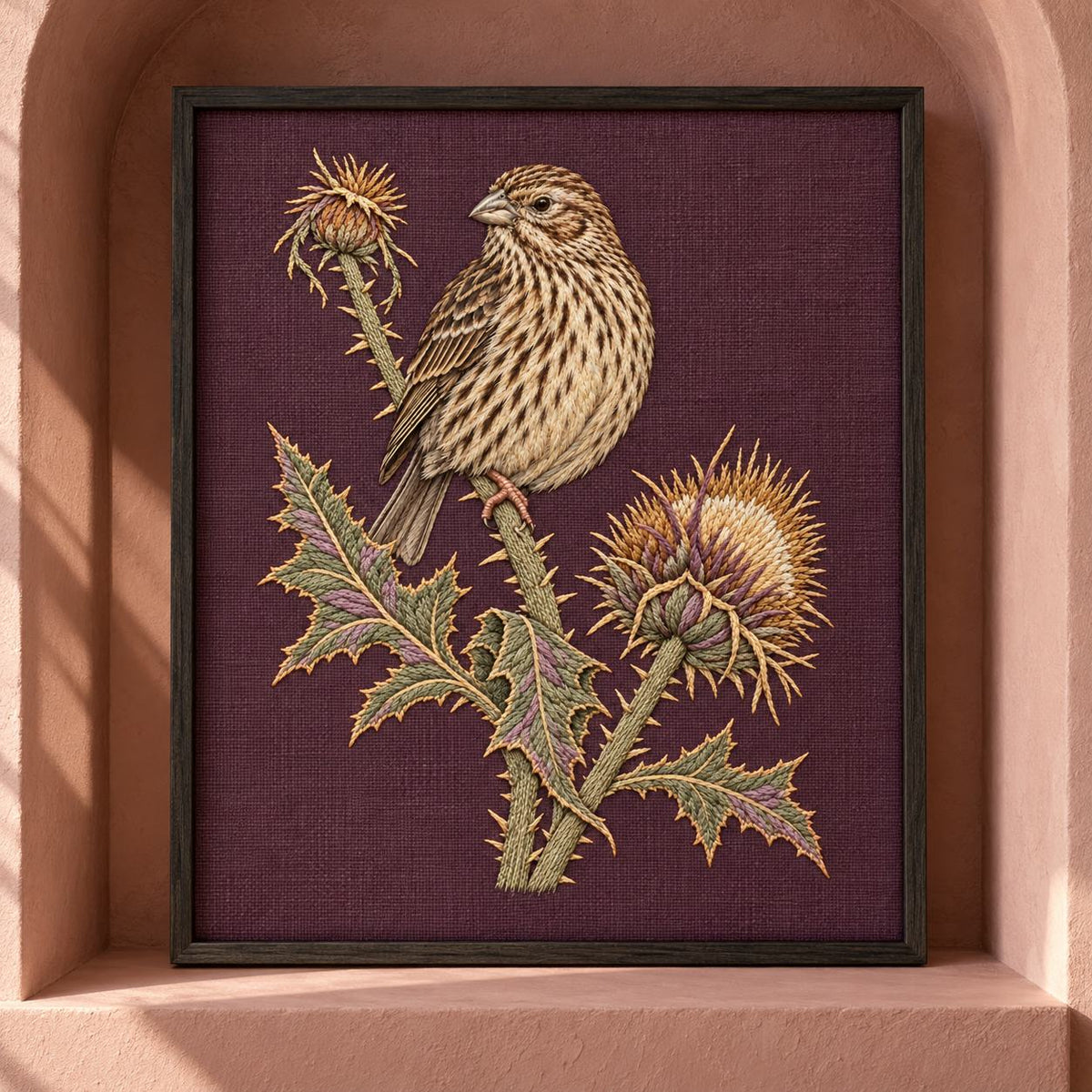 Corn Bunting at the Thistle Compass visual mockup shown as a framed textile in a gallery niche, with the design on muted plum linen.