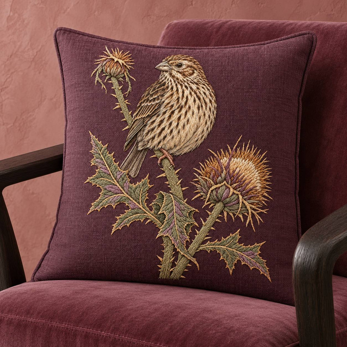 Corn Bunting at the Thistle Compass visual mockup shown on a cushion in a lounge chair, with the design on muted plum linen.