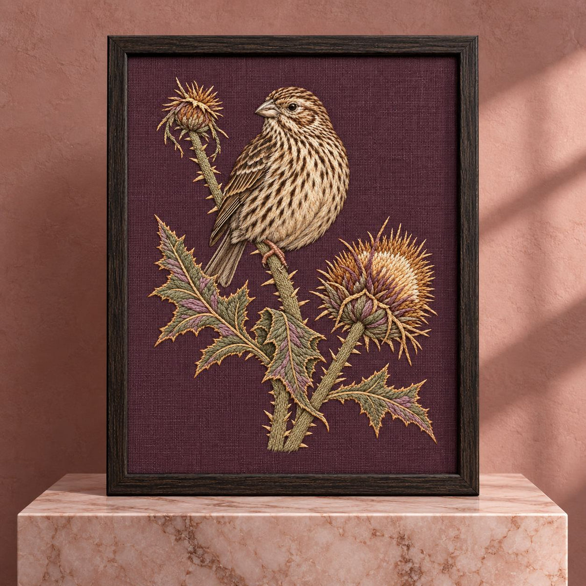 Corn Bunting at the Thistle Compass visual mockup shown in a frame leaning on a mantel, with the design on muted plum linen.