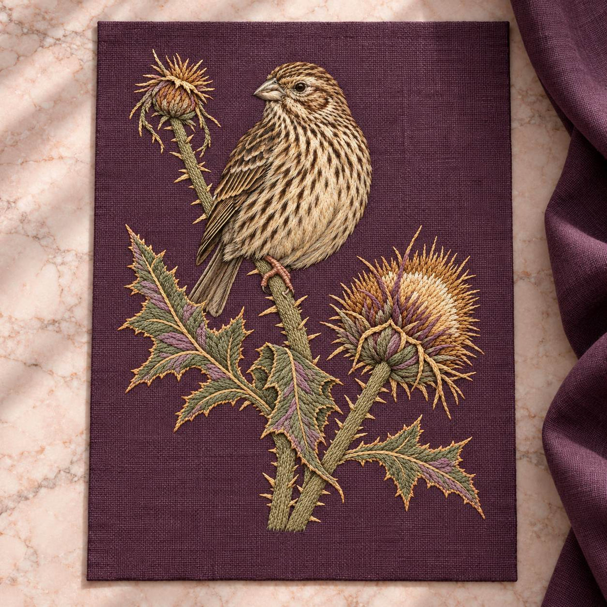 Corn Bunting at the Thistle Compass visual mockup shown as a textile panel on a stone platform, with the design on muted plum linen.