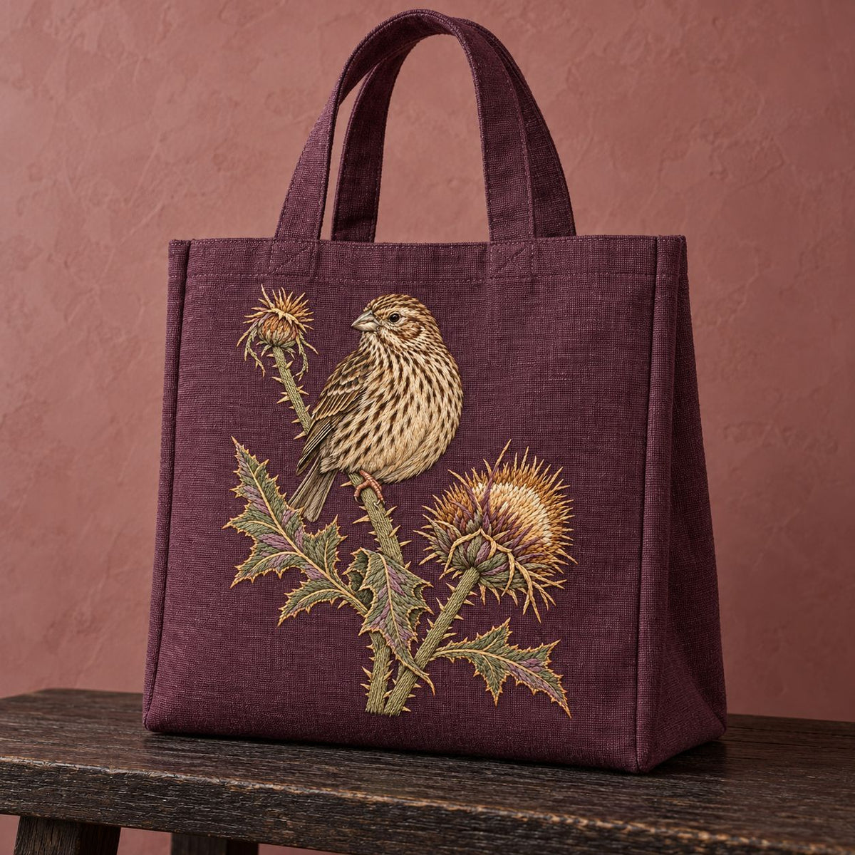 Corn Bunting at the Thistle Compass visual mockup shown on the front of a structured linen tote, with the design on muted plum linen.
