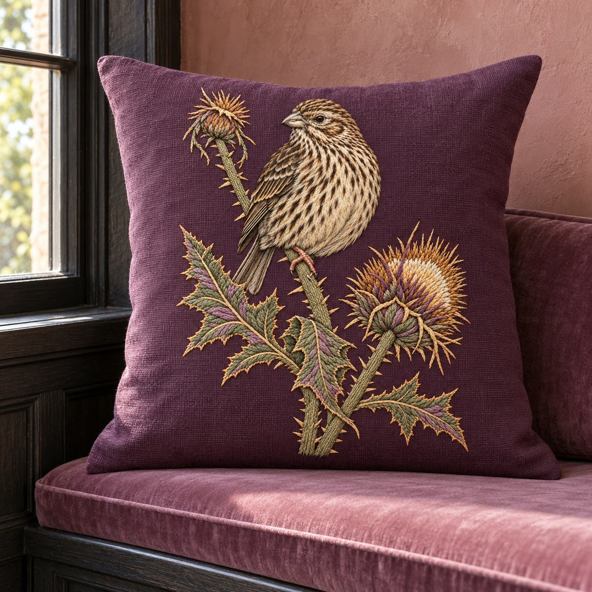 Corn Bunting at the Thistle Compass visual mockup shown on a cushion beside a window, with the design on muted plum linen.