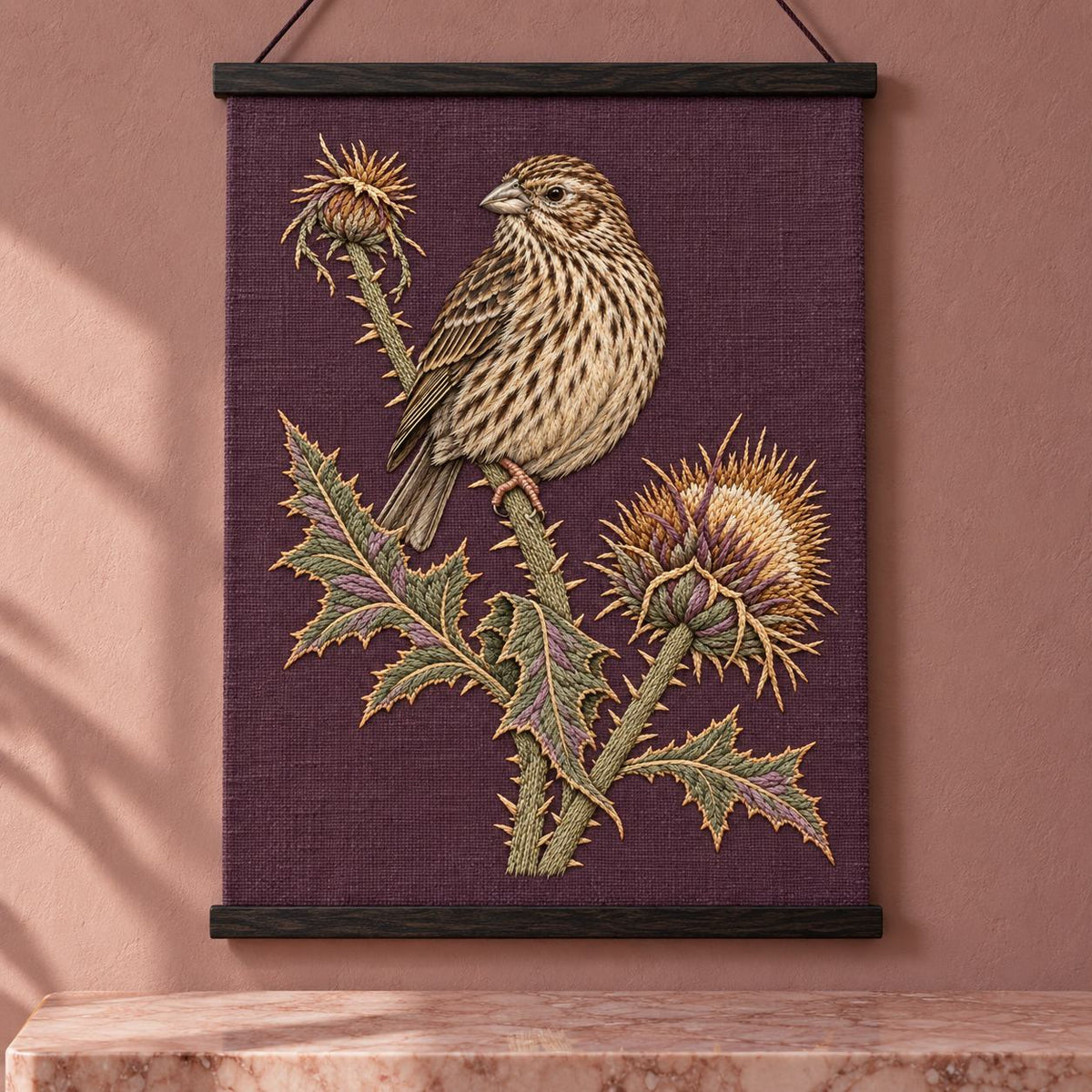 Corn Bunting at the Thistle Compass visual mockup shown as a hanging textile held by wooden rails, with the design on muted plum linen.