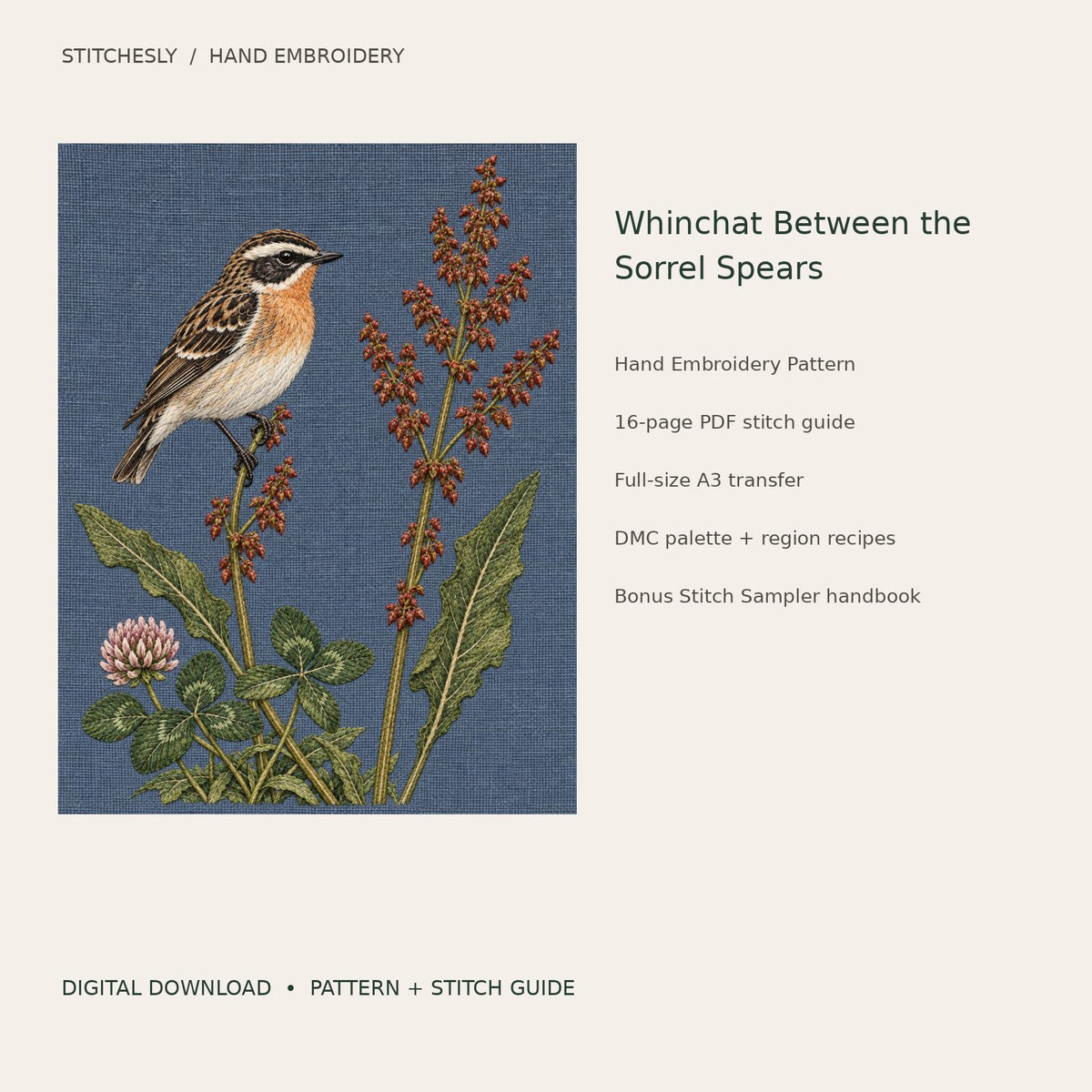 Whinchat Between the Sorrel Spears: digital hand embroidery pattern cover with artwork and included files