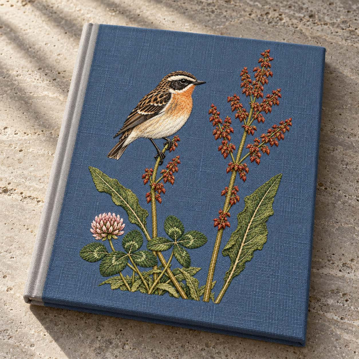Whinchat Between the Sorrel Spears visual mockup shown on a cloth portfolio cover, with the design on muted slate-blue linen.