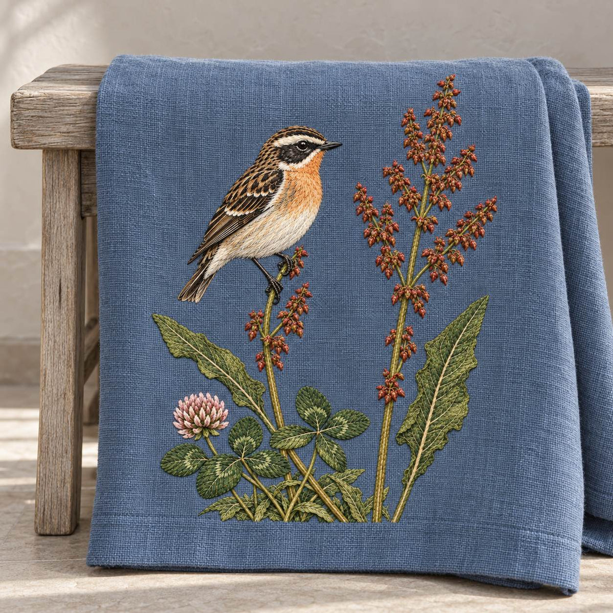 Whinchat Between the Sorrel Spears visual mockup shown on a textile runner over a console, with the design on muted slate-blue linen.