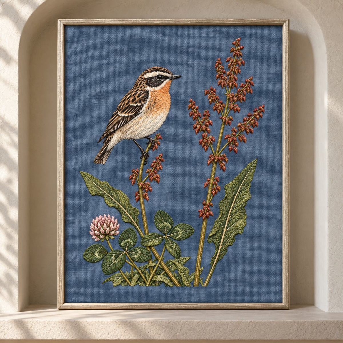 Whinchat Between the Sorrel Spears visual mockup shown as a framed textile in a gallery niche, with the design on muted slate-blue linen.