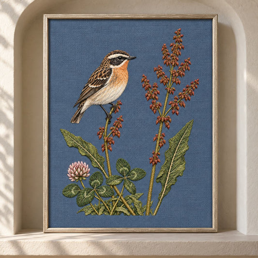 Whinchat Between the Sorrel Spears visual mockup shown as a framed textile in a gallery niche, with the design on muted slate-blue linen.