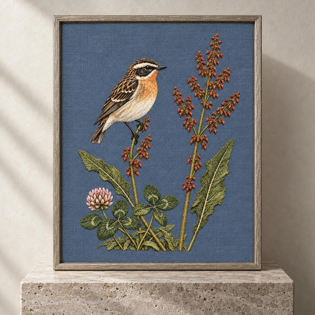 Whinchat Between the Sorrel Spears visual mockup shown in a frame leaning on a mantel, with the design on muted slate-blue linen.