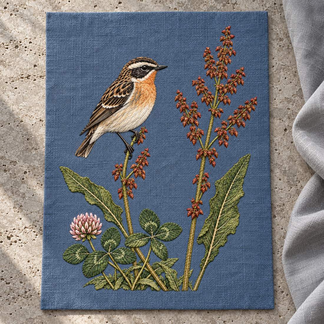 Whinchat Between the Sorrel Spears visual mockup shown as a textile panel on a stone platform, with the design on muted slate-blue linen.
