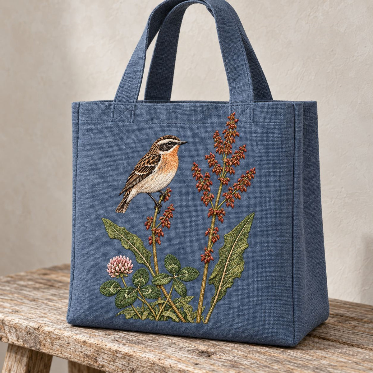 Whinchat Between the Sorrel Spears visual mockup shown on the front of a structured linen tote, with the design on muted slate-blue linen.
